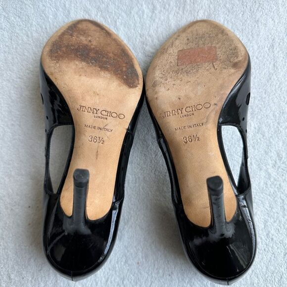 Jimmy Choo London Black Women's 36.5 US 6.5 Patent Leather Dorsay Pumps Peep Toe - Picture 5 of 9